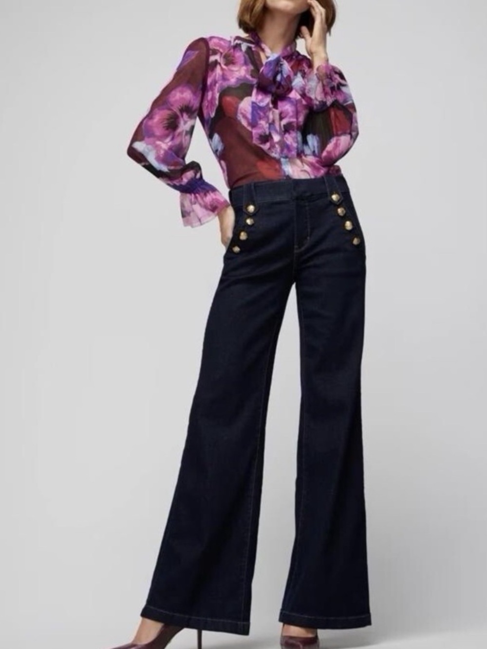 White House Black Market Dark Wash Mariner Coin Crest Wide Leg Jeans Trousers 6